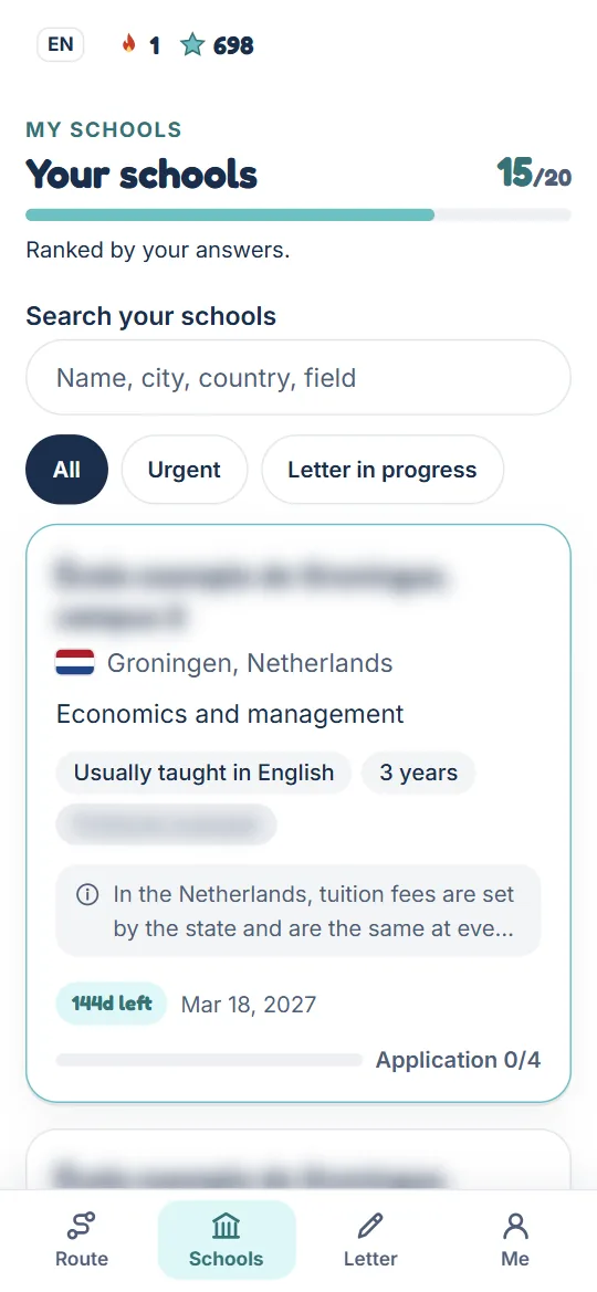 Your list of universities, ranked by your answers