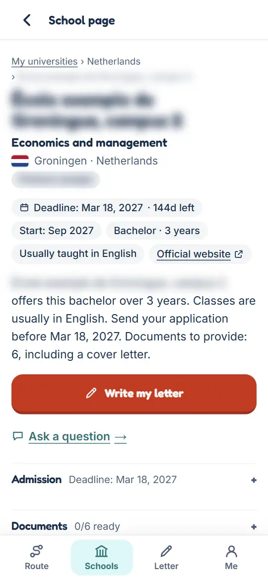 A university page: deadline, start date, teaching language